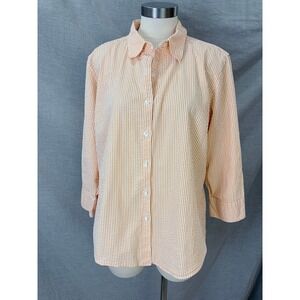 LL Bean Womens XL Orange White Striped Seersucker 3/4 Sleeve Button Down Shirt